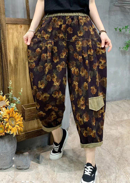 Pantalones harén de lino con estampado morado y estilo de verano