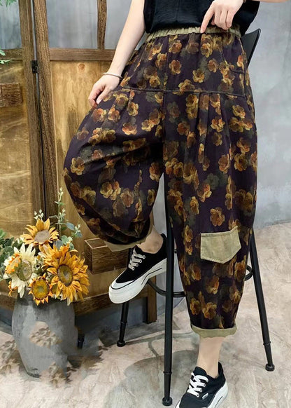 Pantalones harén de lino con estampado morado y estilo de verano