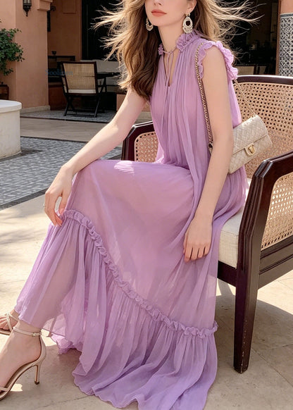 Stylish Purple Ruffled Patchwork Chiffon Maxi Dresses Summer