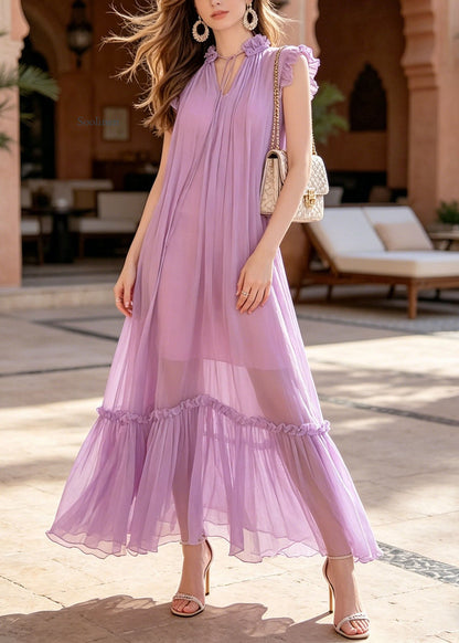 Stylish Purple Ruffled Patchwork Chiffon Maxi Dresses Summer