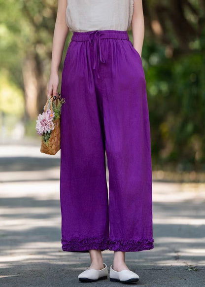 Stylish Purple Ruffled Pockets Solid Linen Wide Leg Pants