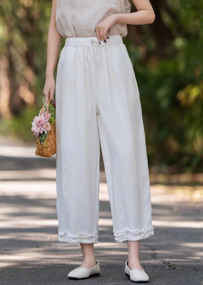 Stylish Purple Ruffled Pockets Solid Linen Wide Leg Pants