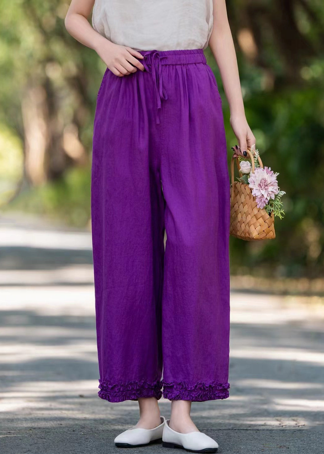 Stylish Purple Ruffled Pockets Solid Linen Wide Leg Pants