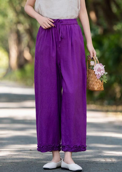 Stylish Purple Ruffled Pockets Solid Linen Wide Leg Pants