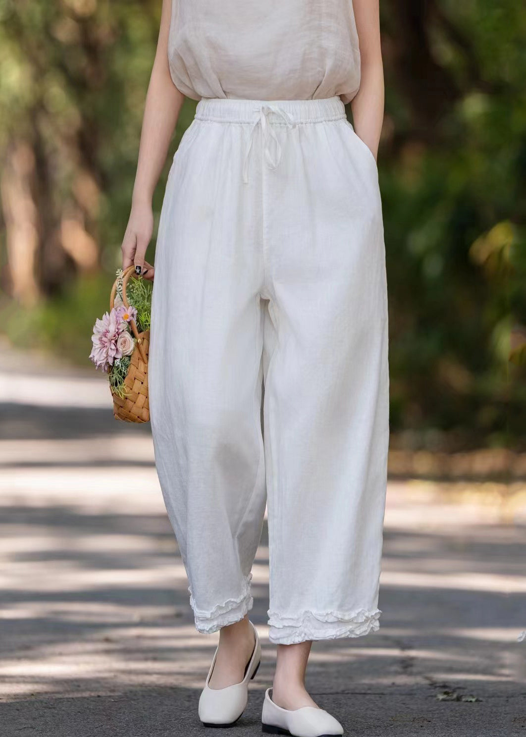 Stylish Purple Ruffled Pockets Solid Linen Wide Leg Pants