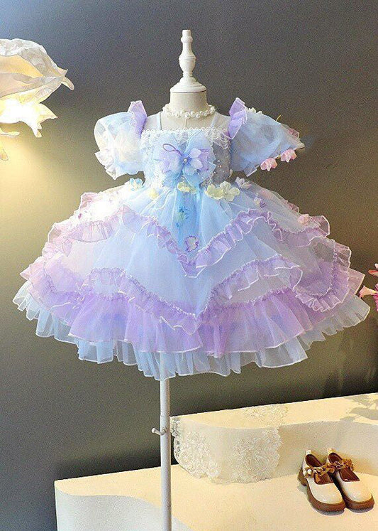 Stylish Purple Square Collar Ruffled Patchwork Tulle Kids Long Dresses Summer