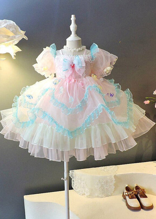 Stylish Purple Square Collar Ruffled Patchwork Tulle Kids Long Dresses Summer
