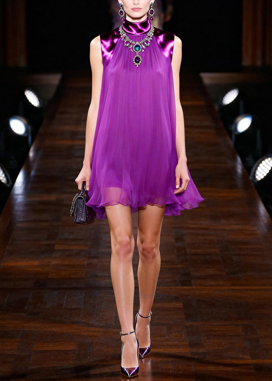 Stylish Purple Stand Collar Patchwork Chiffon Shift Dress Sleeveless
