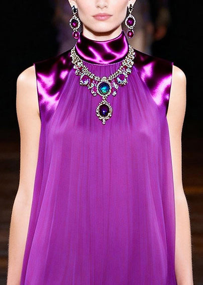 Stylish Purple Stand Collar Patchwork Chiffon Shift Dress Sleeveless
