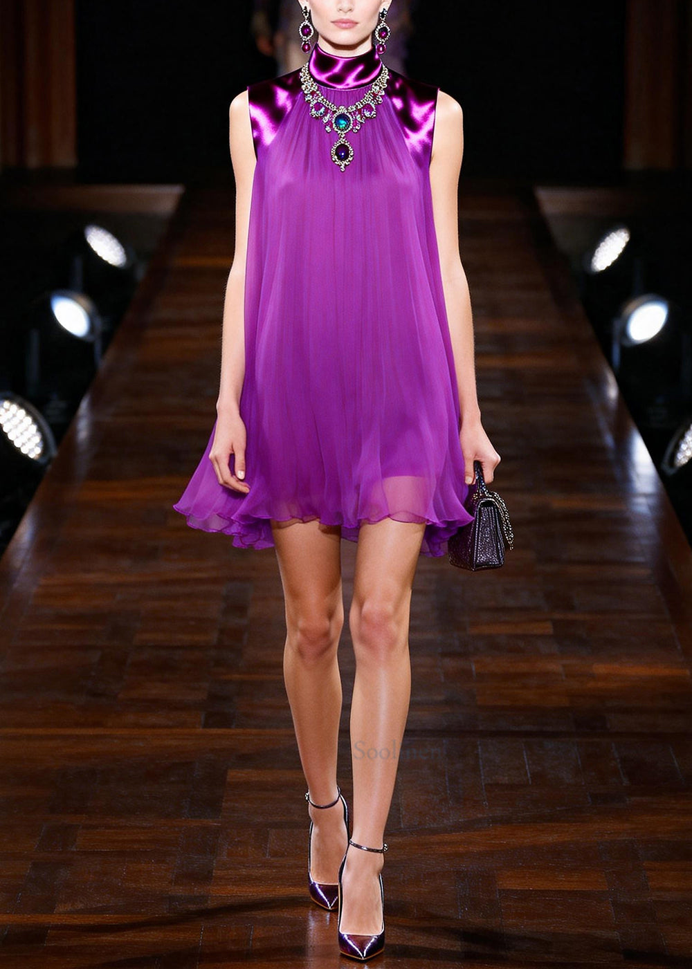 Stylish Purple Stand Collar Patchwork Chiffon Shift Dress Sleeveless