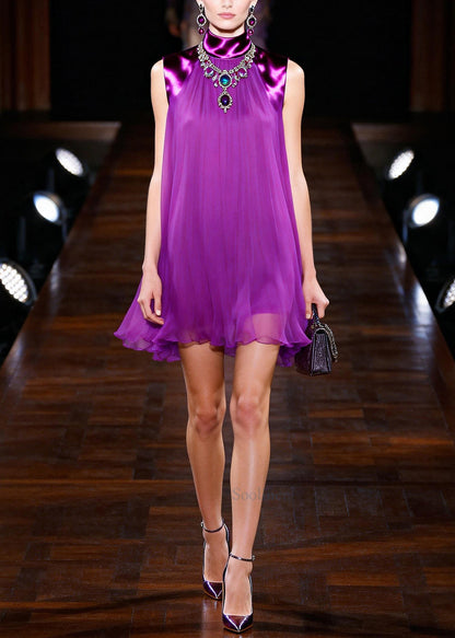Stylish Purple Stand Collar Patchwork Chiffon Shift Dress Sleeveless