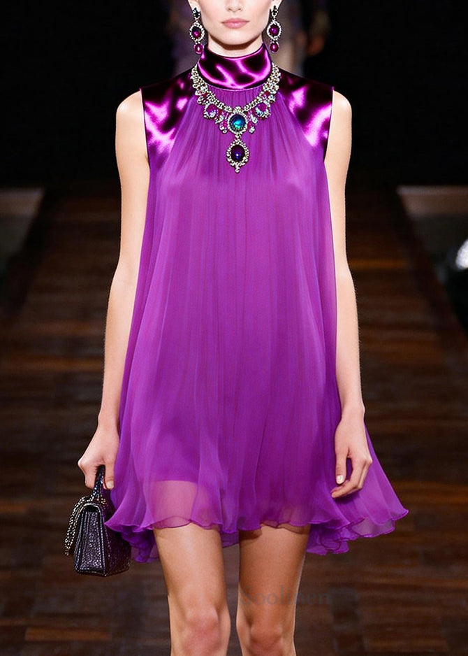 Stylish Purple Stand Collar Patchwork Chiffon Shift Dress Sleeveless