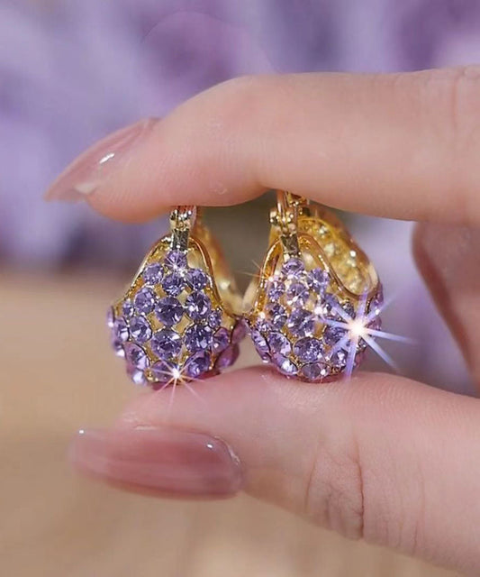 Elegantes pendientes de aro con forma de cesta de mano de circonitas incrustadas en plata de ley morada dorada