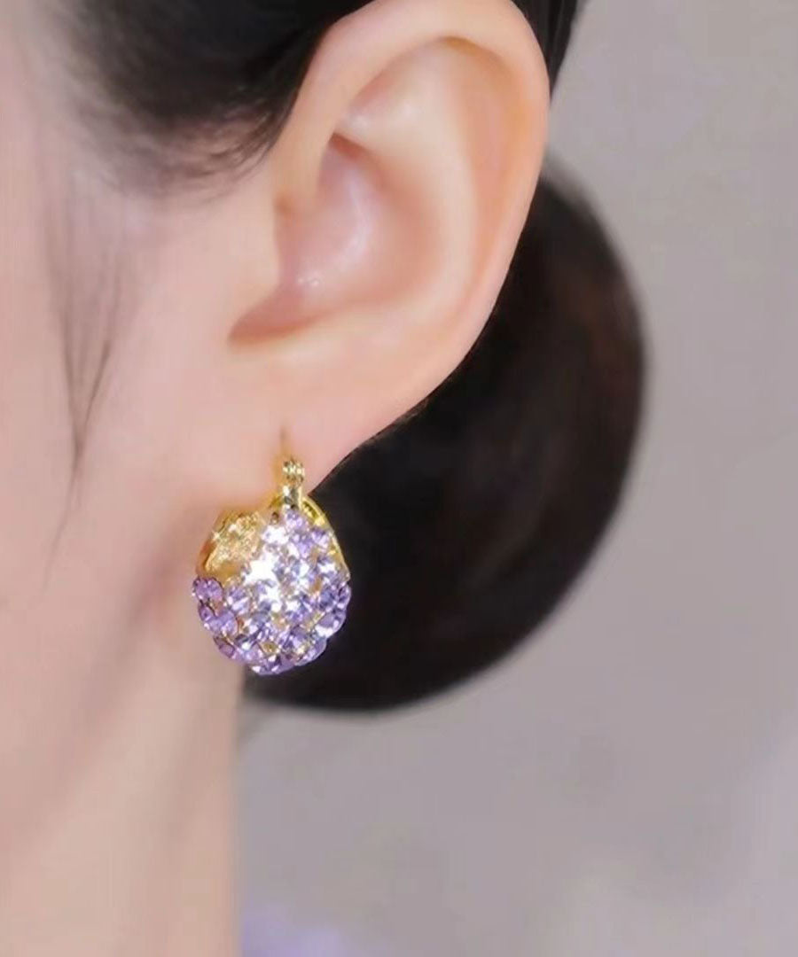 Elegantes pendientes de aro con forma de cesta de mano de circonitas incrustadas en plata de ley morada dorada