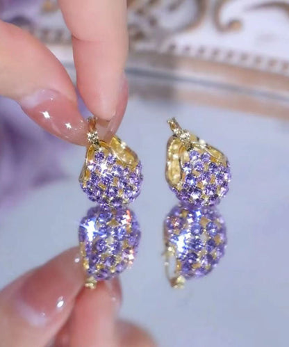 Elegantes pendientes de aro con forma de cesta de mano de circonitas incrustadas en plata de ley morada dorada
