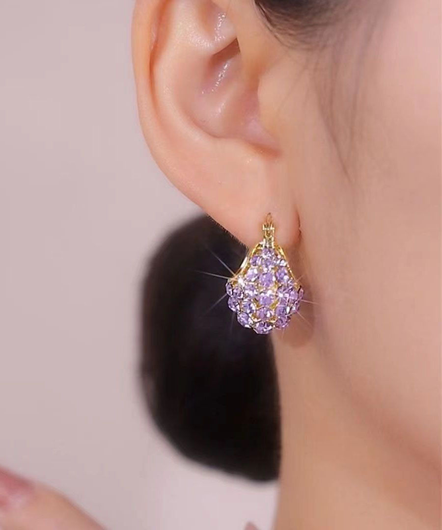 Elegantes pendientes de aro con forma de cesta de mano de circonitas incrustadas en plata de ley morada dorada