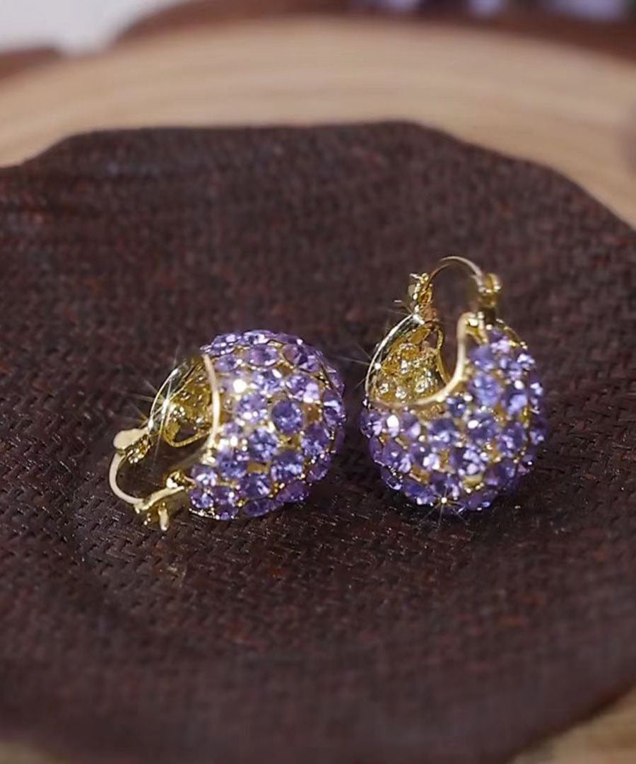 Elegantes pendientes de aro con forma de cesta de mano de circonitas incrustadas en plata de ley morada dorada