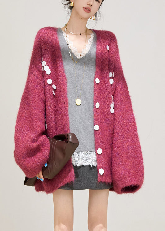 Stilvoller lila V-Ausschnitt-Cardigan aus Baumwollstrick mit Laternenärmeln