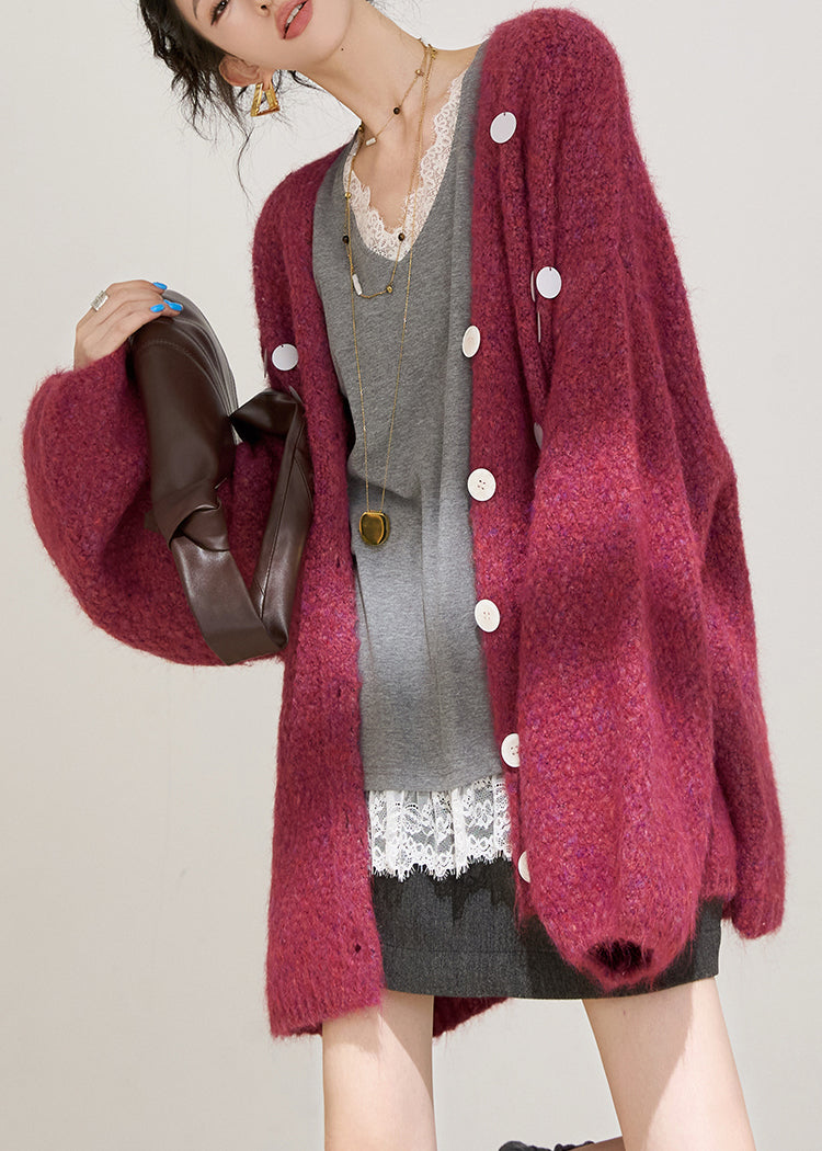 Stylish Purple V Neck Cotton Knit Cardigan Lantern Sleeve