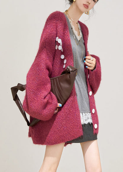 Stylish Purple V Neck Cotton Knit Cardigan Lantern Sleeve