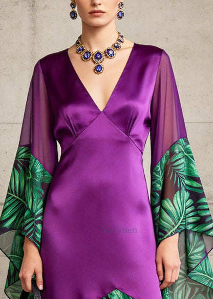 Stylish Purple V Neck Patchwork Silk Long Dress Flare Sleeve