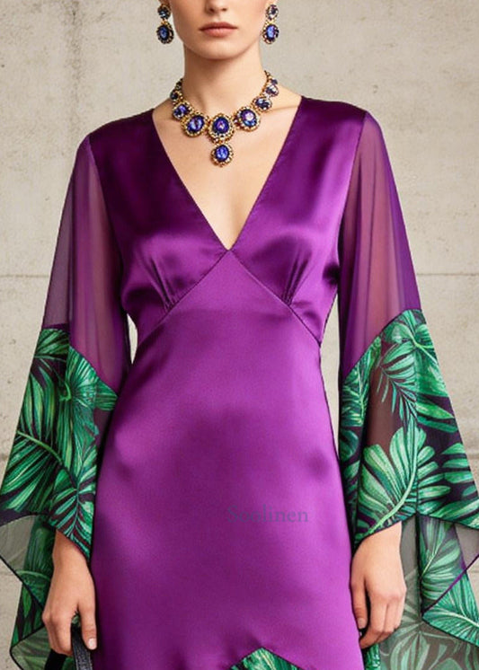 Stylish Purple V Neck Patchwork Silk Long Dress Flare Sleeve
