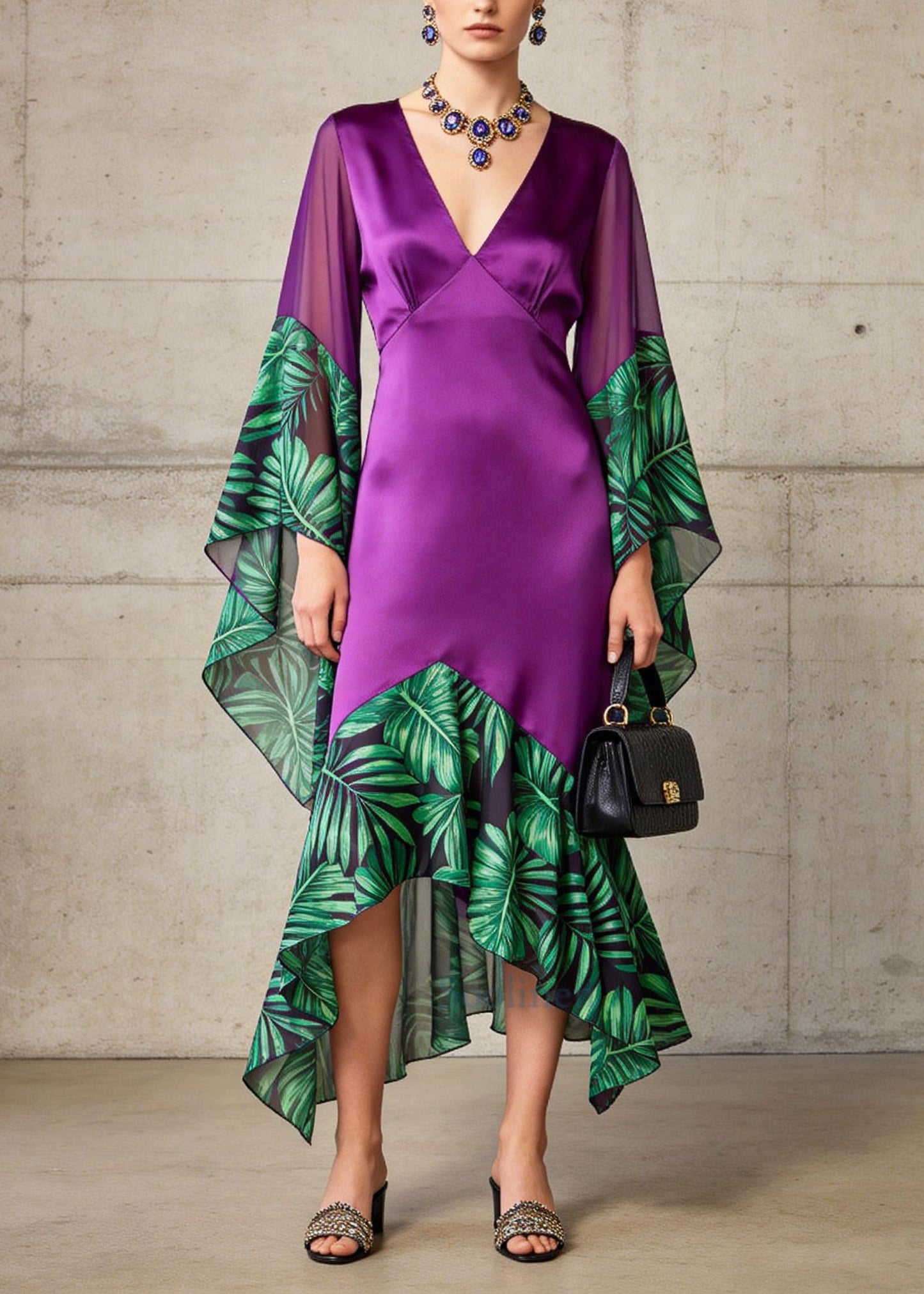 Stylish Purple V Neck Patchwork Silk Long Dress Flare Sleeve