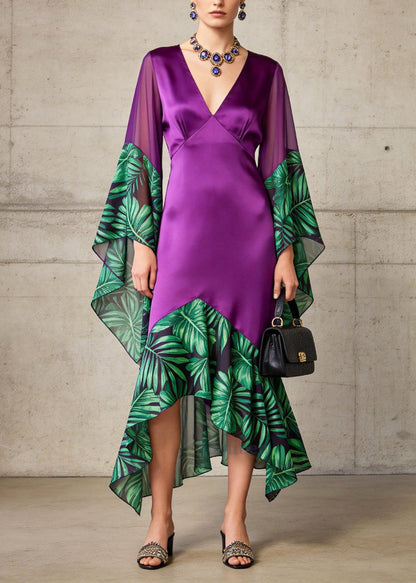Stylish Purple V Neck Patchwork Silk Long Dress Flare Sleeve
