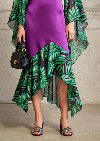 Stylish Purple V Neck Patchwork Silk Long Dress Flare Sleeve