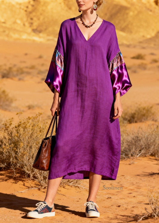Stylish Purple V Neck Silk Patchwork Linen Dresses Summer