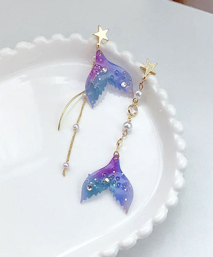 Stylish Purple Zircon Overgild Resin Pearl Fishtail Drop Earrings