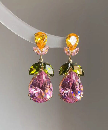 Stylish Rainbow Alloy Zircon Floral Crystal Water Droplet Pendant Necklace And Drop Earrings Two-Piece Set