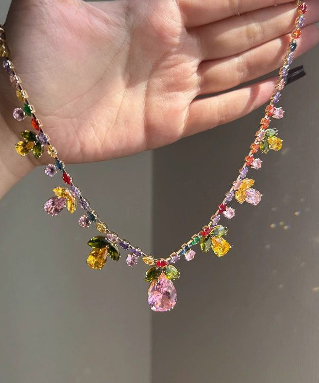 Stylish Rainbow Alloy Zircon Floral Crystal Water Droplet Pendant Necklace And Drop Earrings Two-Piece Set