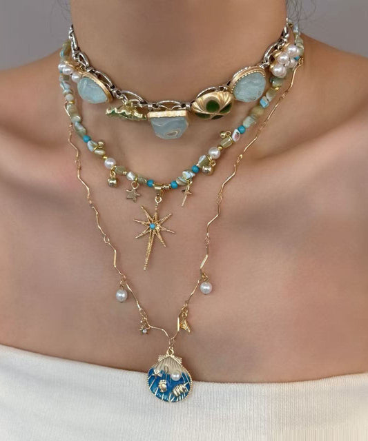 Stylish Rainbow Copper Overgild Shell Pearl Turquoise Star Pendant Necklace Three Piece Set