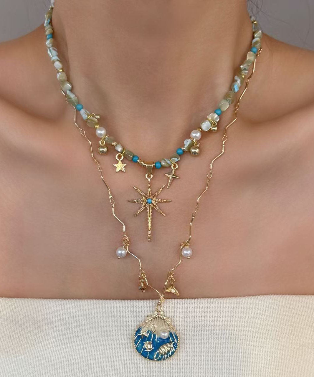 Stylish Rainbow Copper Overgild Shell Pearl Turquoise Star Pendant Necklace Three Piece Set