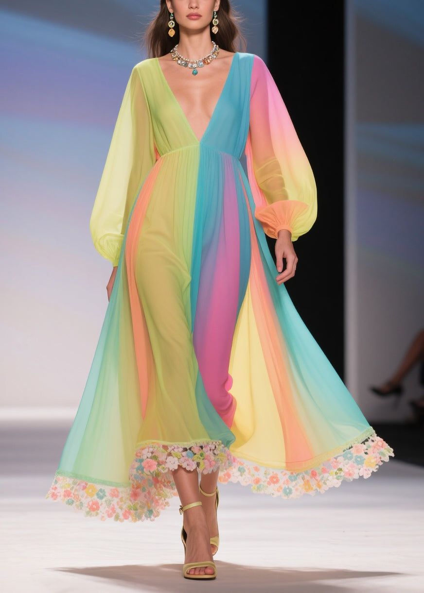 Stylish Rainbow Floral High Waist Chiffon Long Dresses Spring