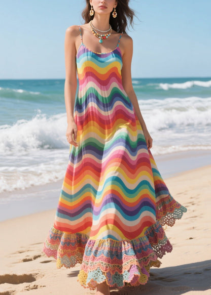 Stylish Rainbow Striped Patchwork Lace Spaghetti Strap Dress Summer