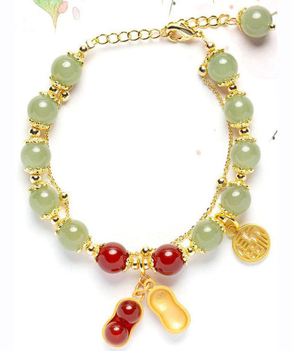 Stilvolles rotes Jade-Erdnuss-Quasten-Charm-Armband aus 18 Karat Gold
