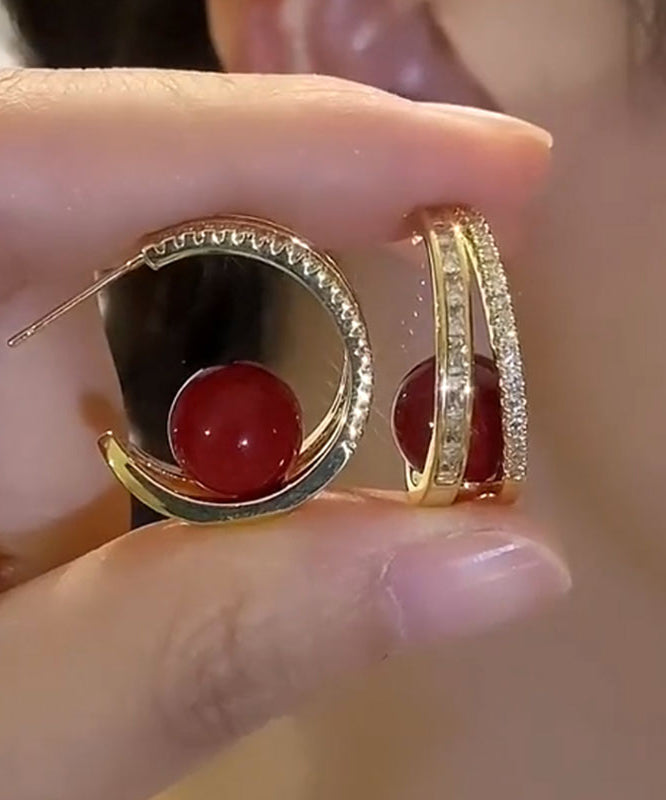 Elegantes pendientes de aro con perla y circonita de aleación de cobre rojo
