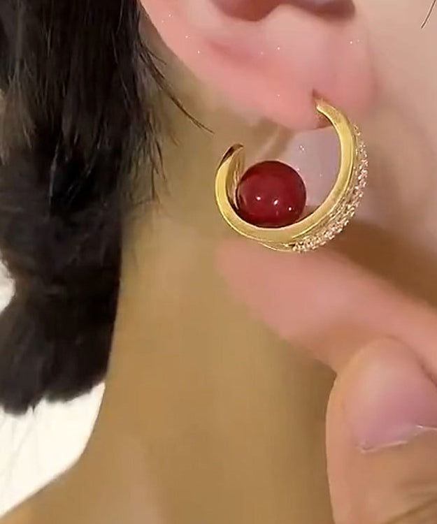 Elegantes pendientes de aro con perla y circonita de aleación de cobre rojo