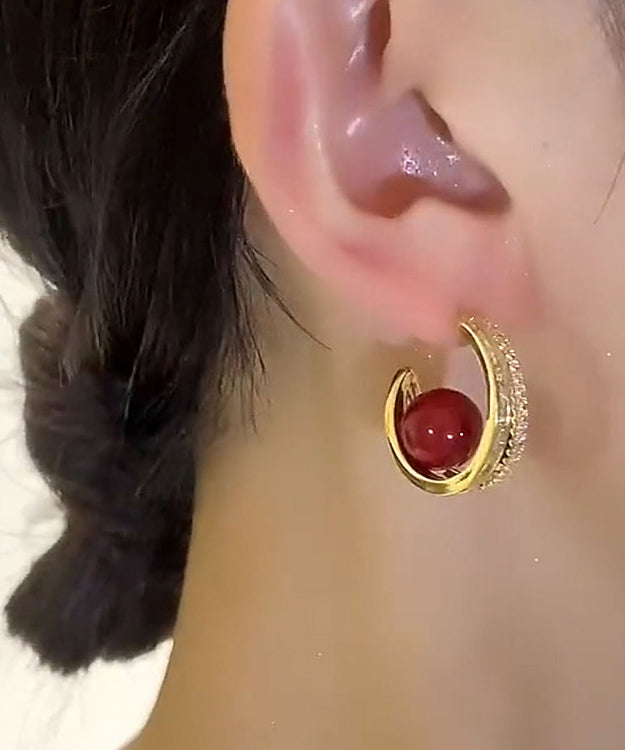 Elegantes pendientes de aro con perla y circonita de aleación de cobre rojo