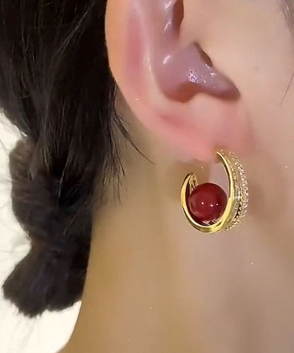 Elegantes pendientes de aro con perla y circonita de aleación de cobre rojo
