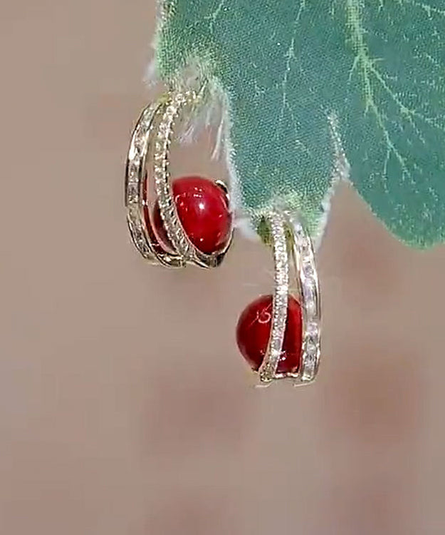 Elegantes pendientes de aro con perla y circonita de aleación de cobre rojo