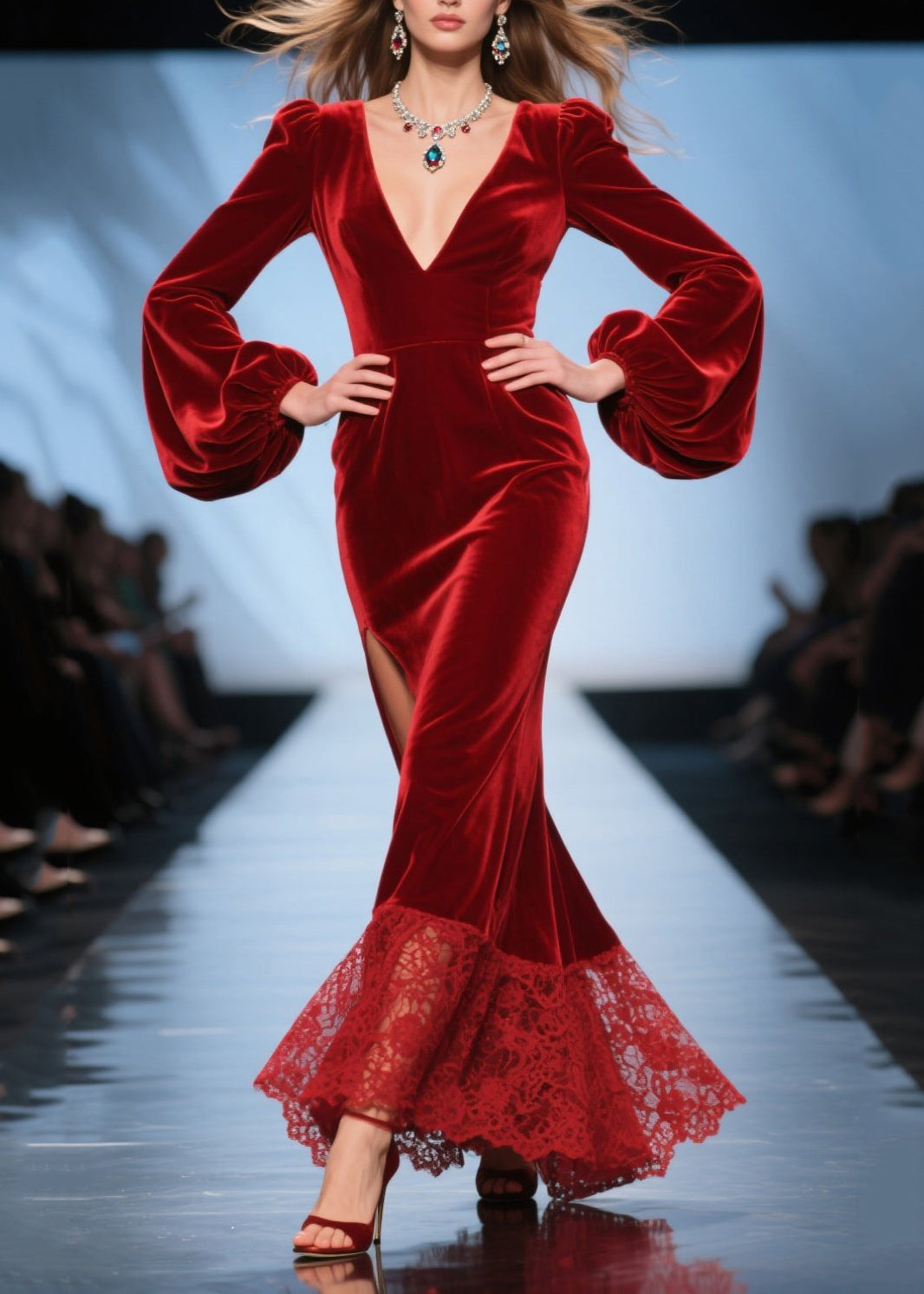 Elegantes vestidos de cena de primavera en terciopelo de seda con patchwork y escote en V profundo en rojo