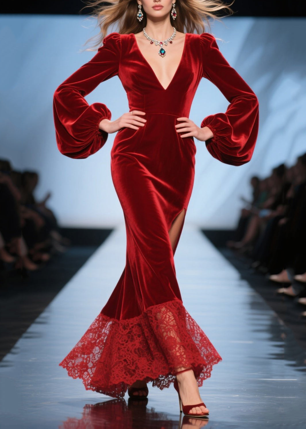 Elegantes vestidos de cena de primavera en terciopelo de seda con patchwork y escote en V profundo en rojo