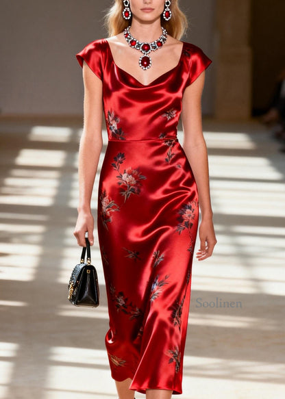 Stylish Red Draping Collar Print Silk Dress Summer