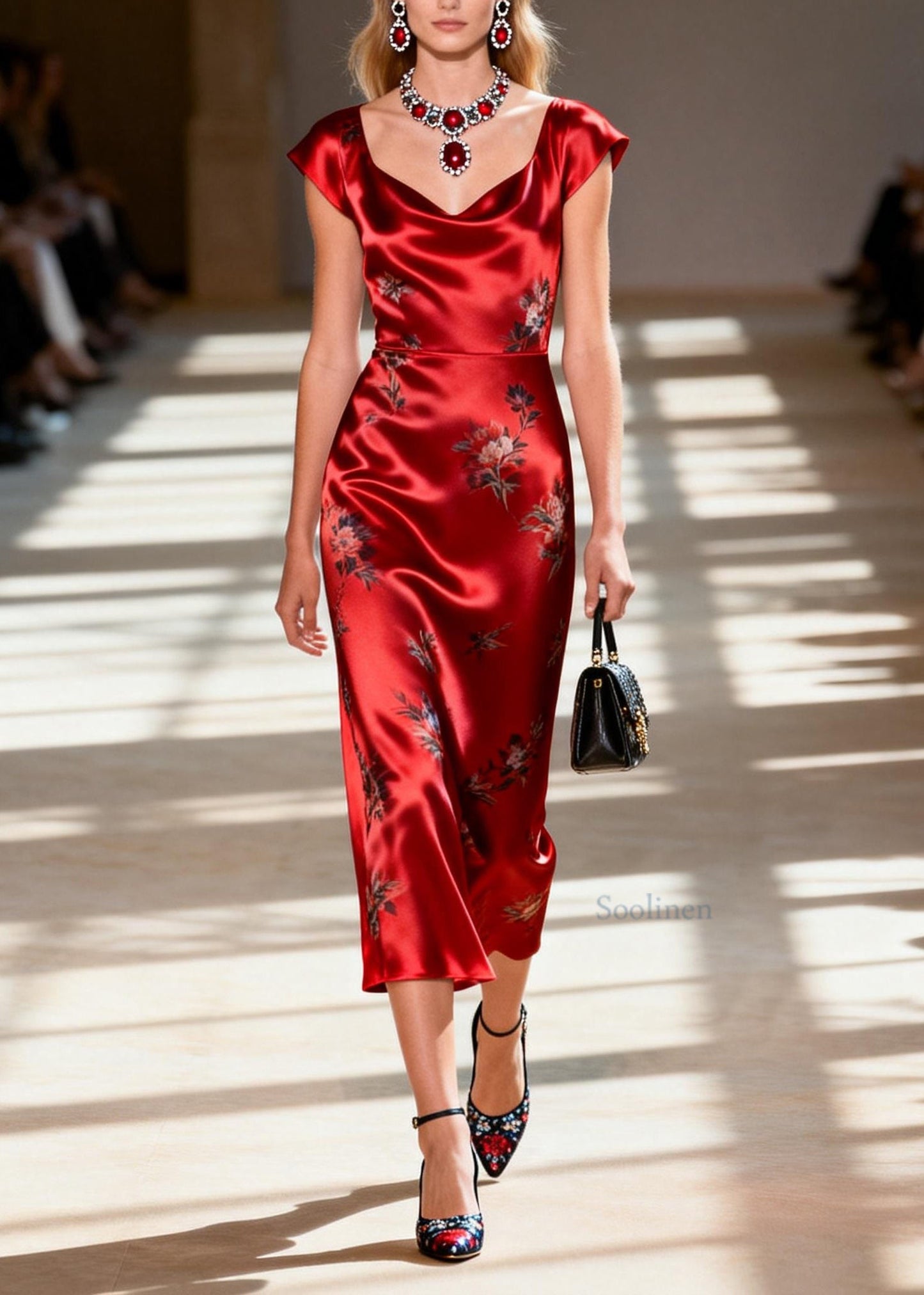 Stylish Red Draping Collar Print Silk Dress Summer