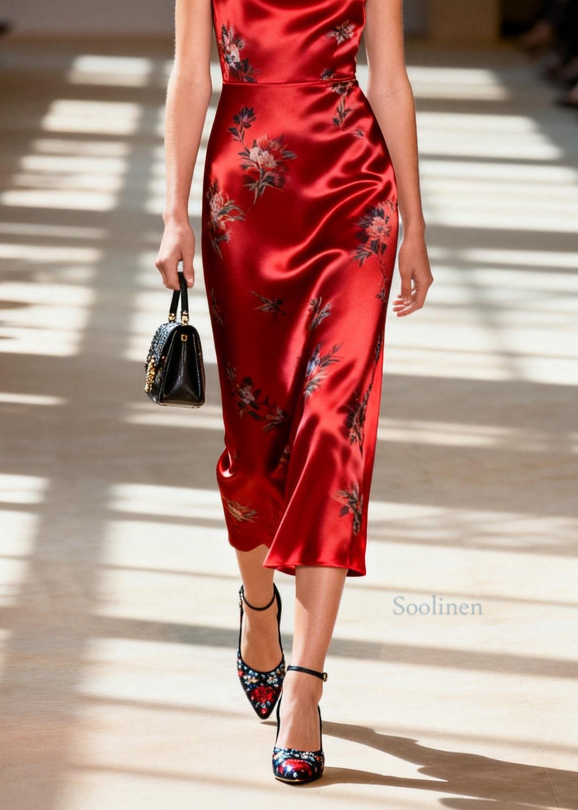 Stylish Red Draping Collar Print Silk Dress Summer