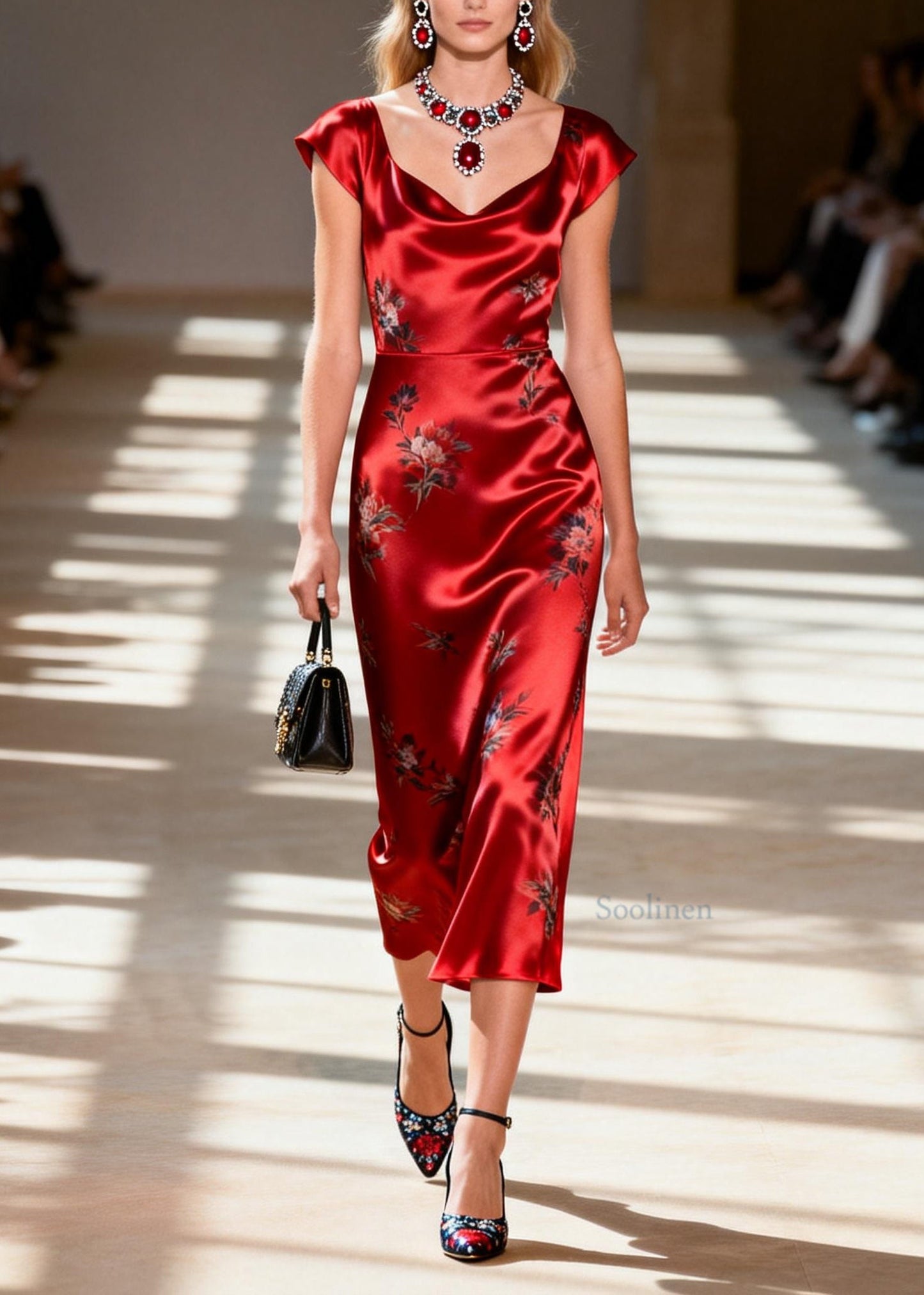 Stylish Red Draping Collar Print Silk Dress Summer