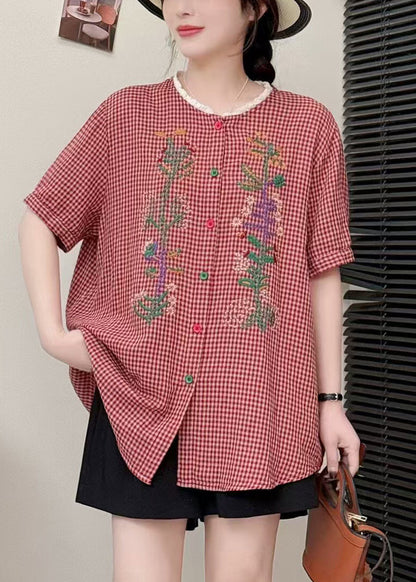 Stylish Red Embroidered Patchwork Linen Shirts Summer